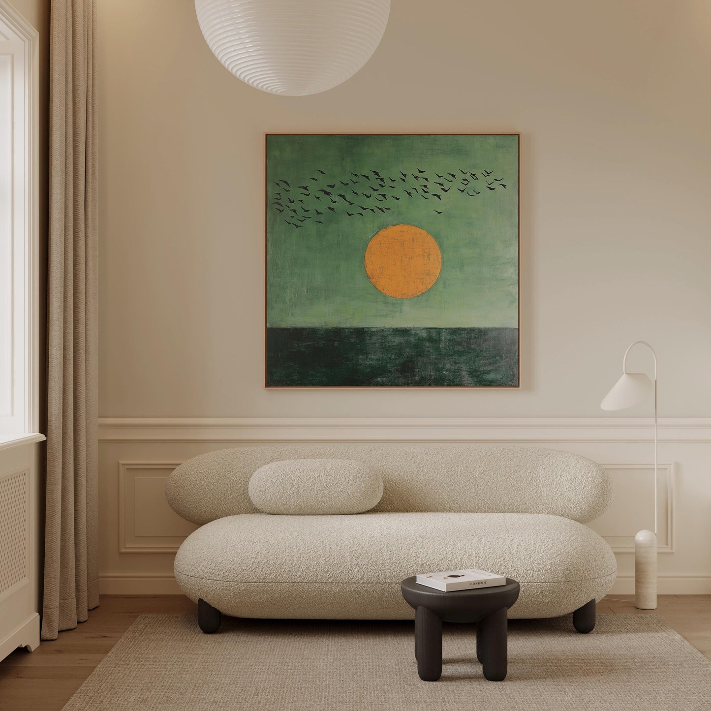 Minimalist Sunset Canvas Wall Art, Modern Green and Gold Sun Painting with Birds, Square Abstract Landscape for Living Room or Bedroom