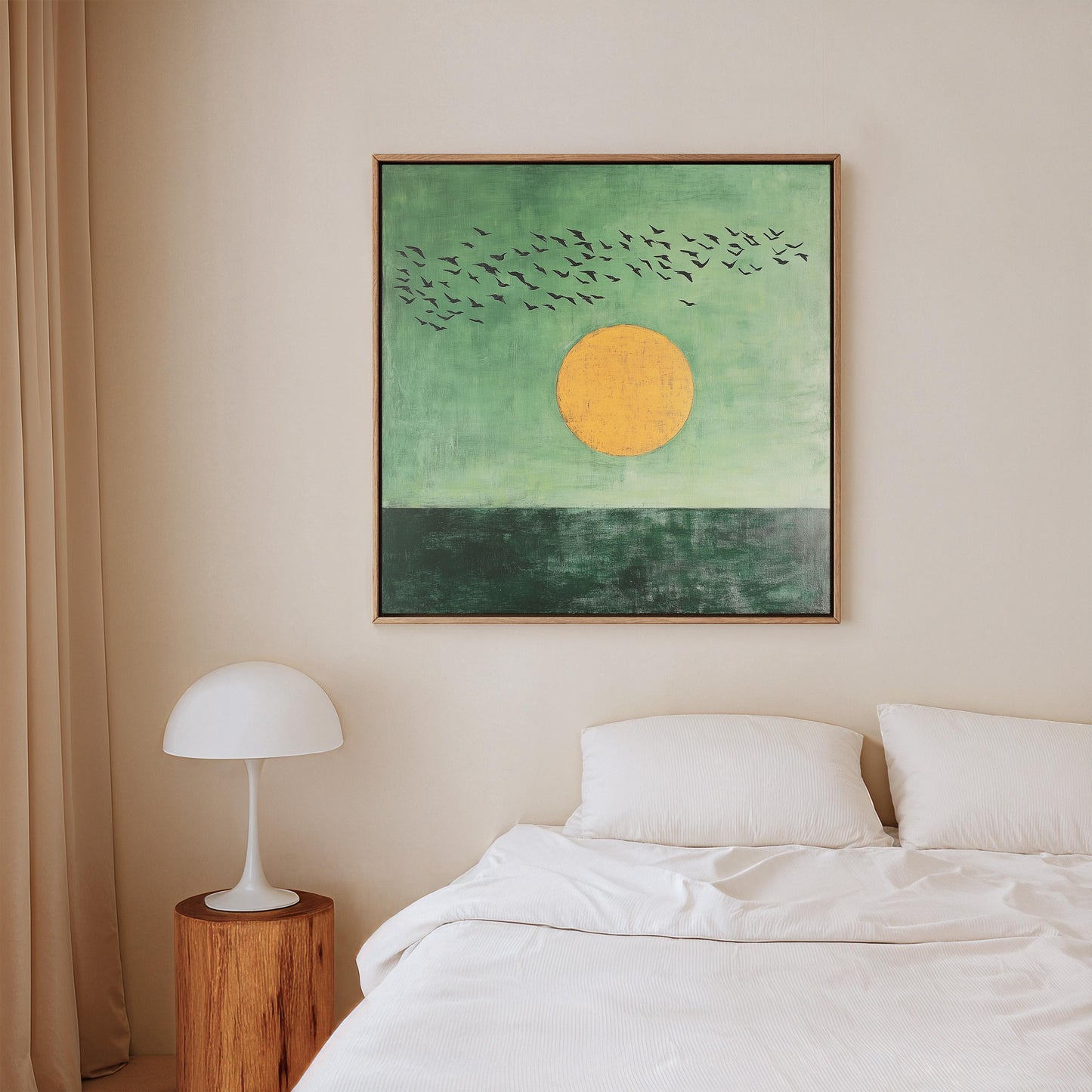 Sunset Wall Art: Minimalist Green and Gold Sun Painting (Square Canvas)