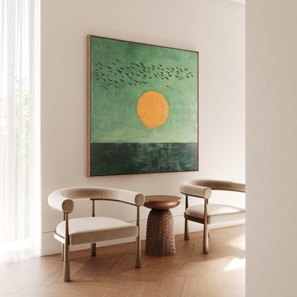Sunset Wall Art: Minimalist Green and Gold Sun Painting (Square Canvas)