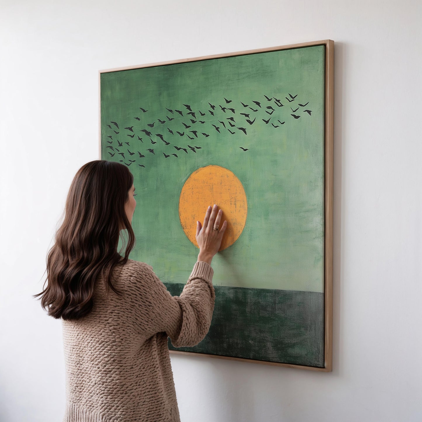 Sunset Wall Art: Minimalist Green and Gold Sun Painting (Square Canvas)