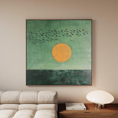 Sunset Wall Art: Minimalist Green and Gold Sun Painting (Square Canvas)