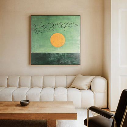 Sunset Wall Art: Minimalist Green and Gold Sun Painting (Square Canvas)