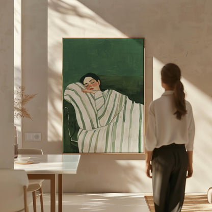 Sleeping Woman Canvas Wall Art, Figurative Painting in Green Tones, Modern Relaxing Portrait for Bedroom or Living Room