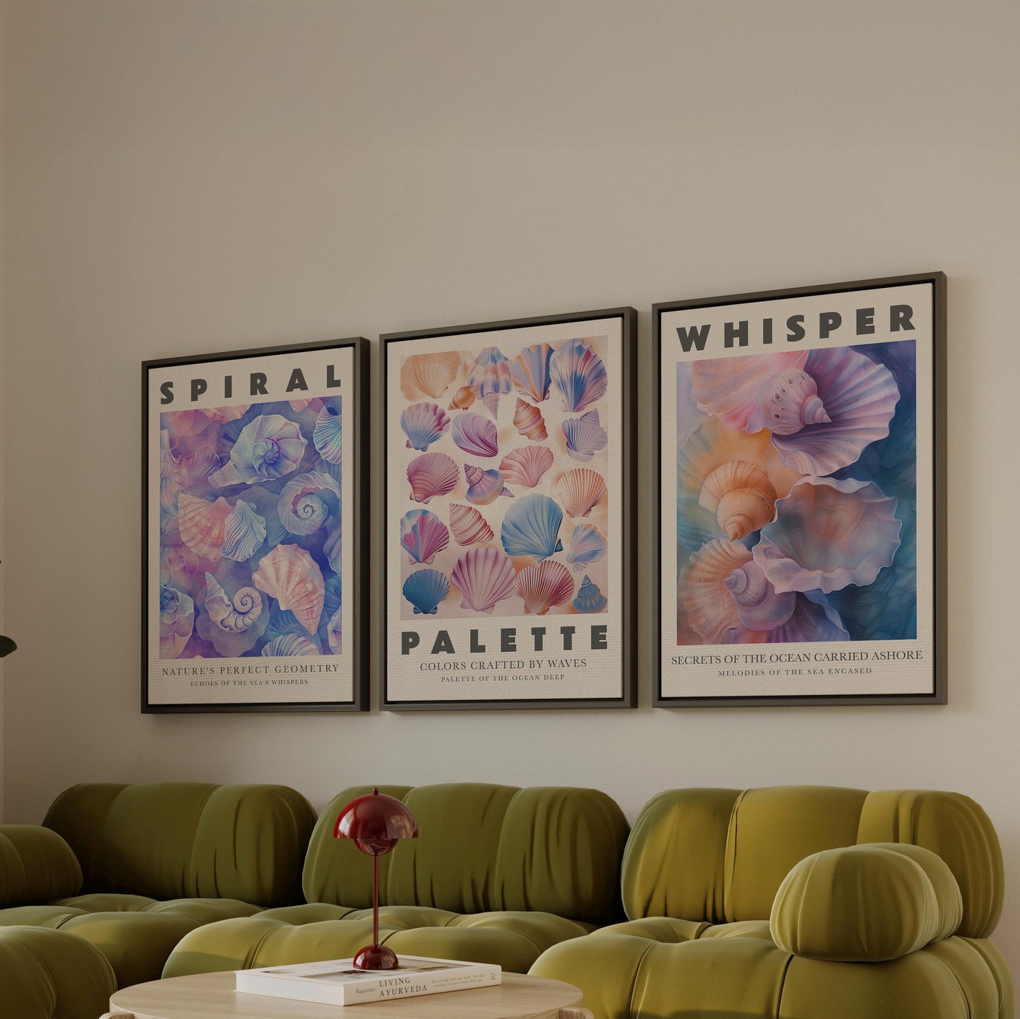 Coastal Seashell Canvas Wall Art Set of 3 Ocean Inspired Prints Spiral Shells Pastel Beach Decor for Living Room or Bedroom