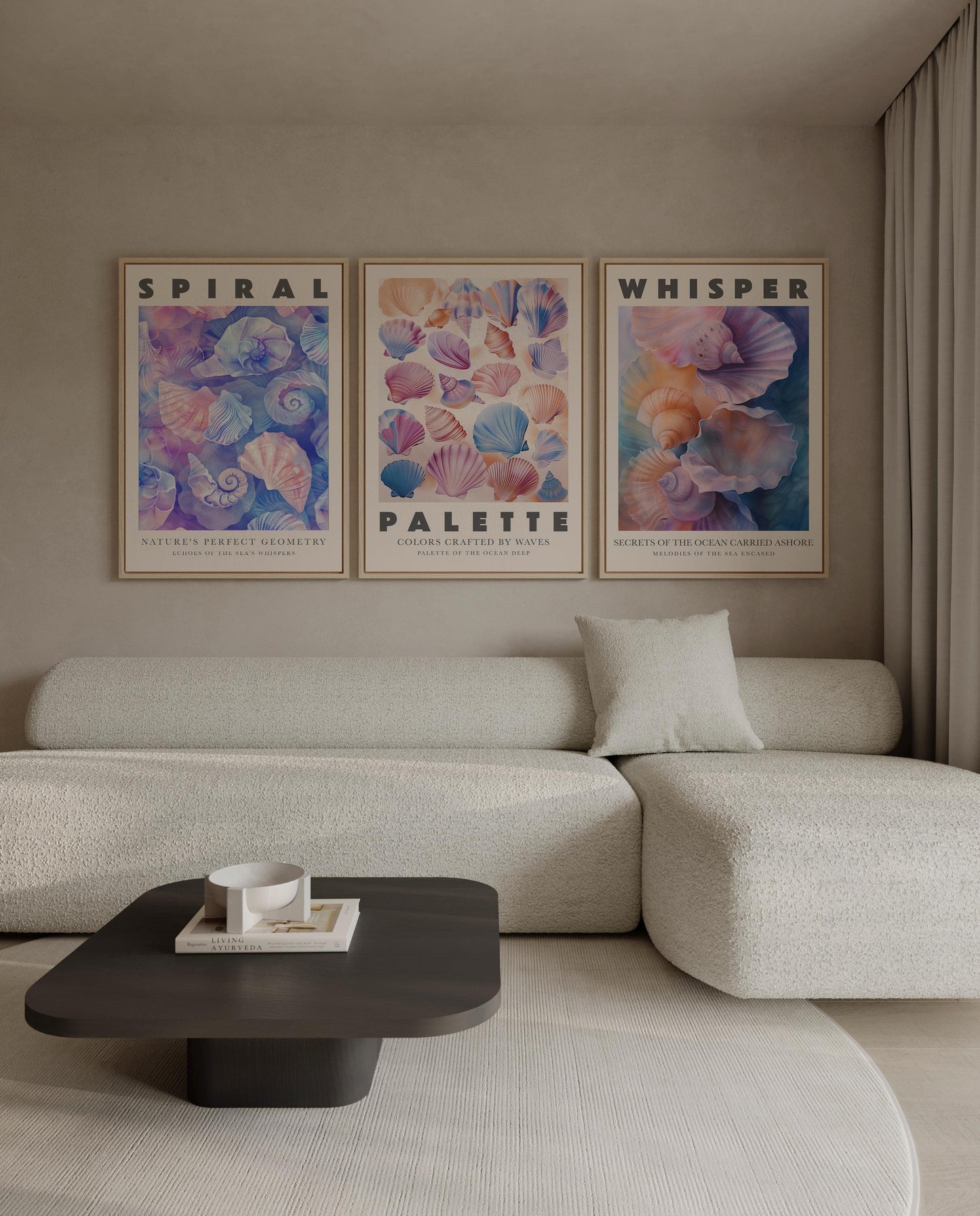 Coastal Seashell Canvas Wall Art Set of 3 Ocean Inspired Prints Spiral Shells Pastel Beach Decor for Living Room or Bedroom