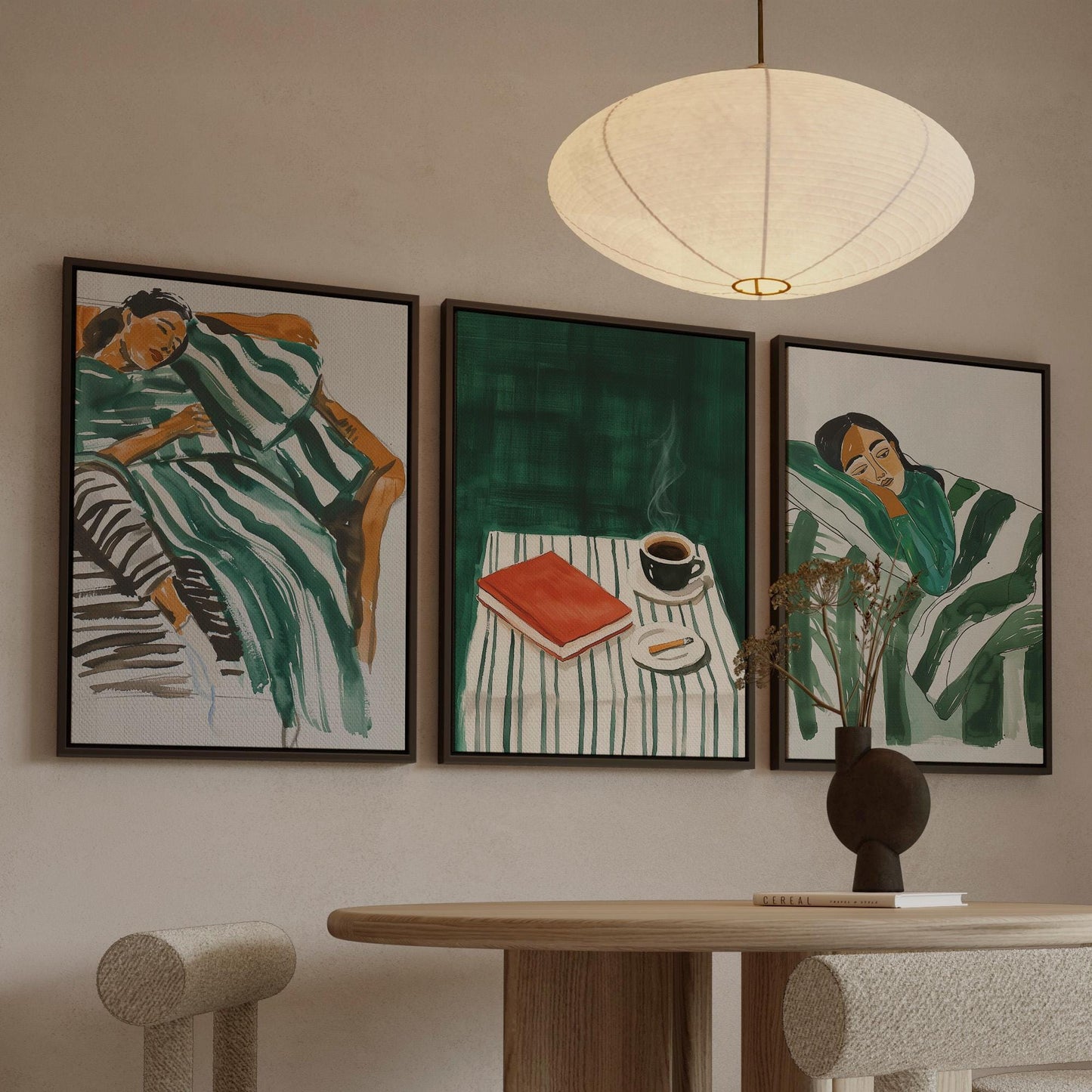 Cozy Green Canvas Wall Art Set of 3 Modern Figurative Prints Coffee and Relaxation Painting for Living Room or Bedroom
