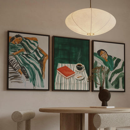 Cozy Green Canvas Wall Art Set of 3 Modern Figurative Prints Coffee and Relaxation Painting for Living Room or Bedroom