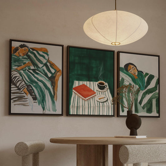 Cozy Green Canvas Wall Art Set of 3 Modern Figurative Prints Coffee and Relaxation Painting for Living Room or Bedroom