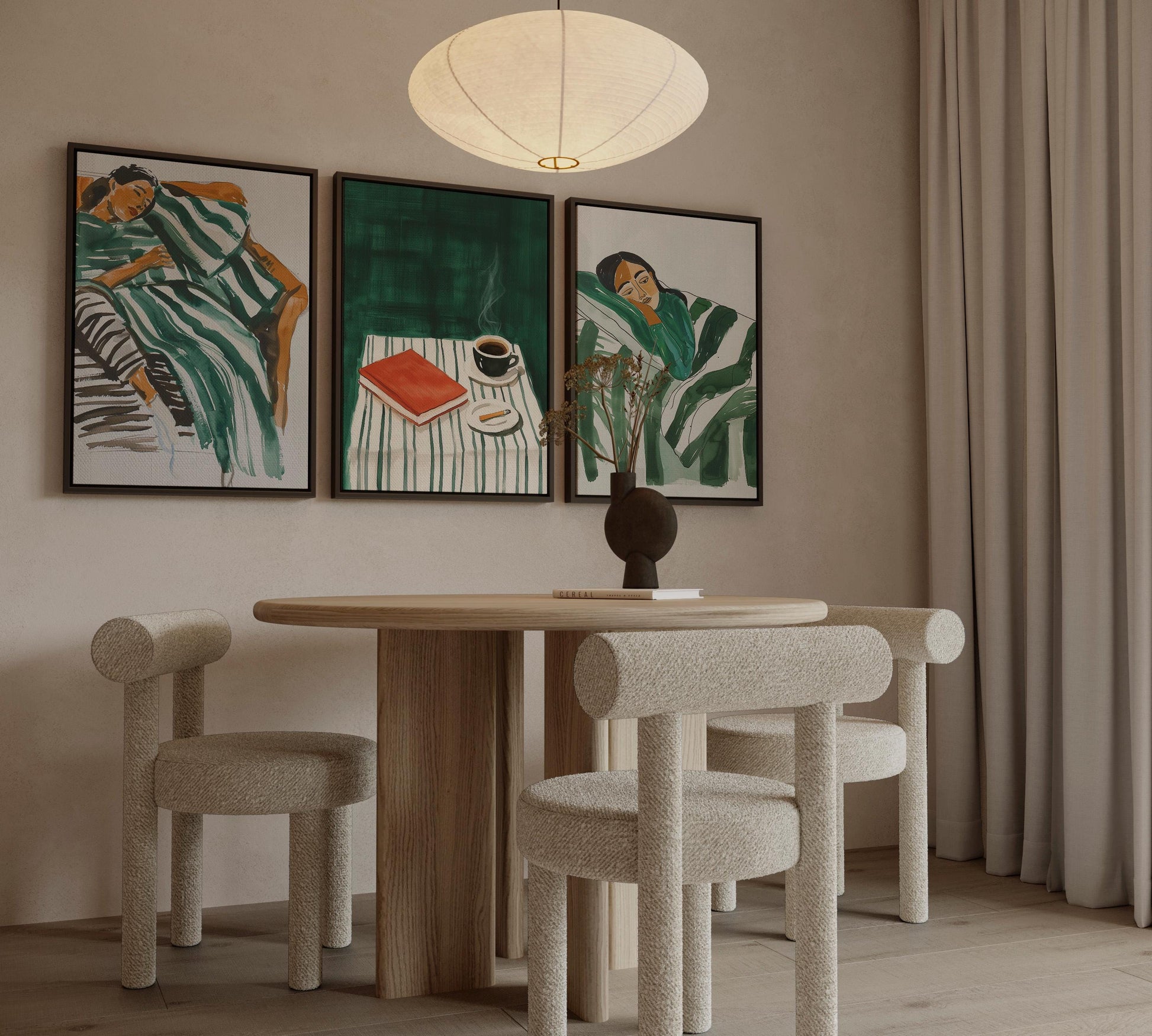 Cozy Green Canvas Wall Art Set of 3 Modern Figurative Prints Coffee and Relaxation Painting for Living Room or Bedroom