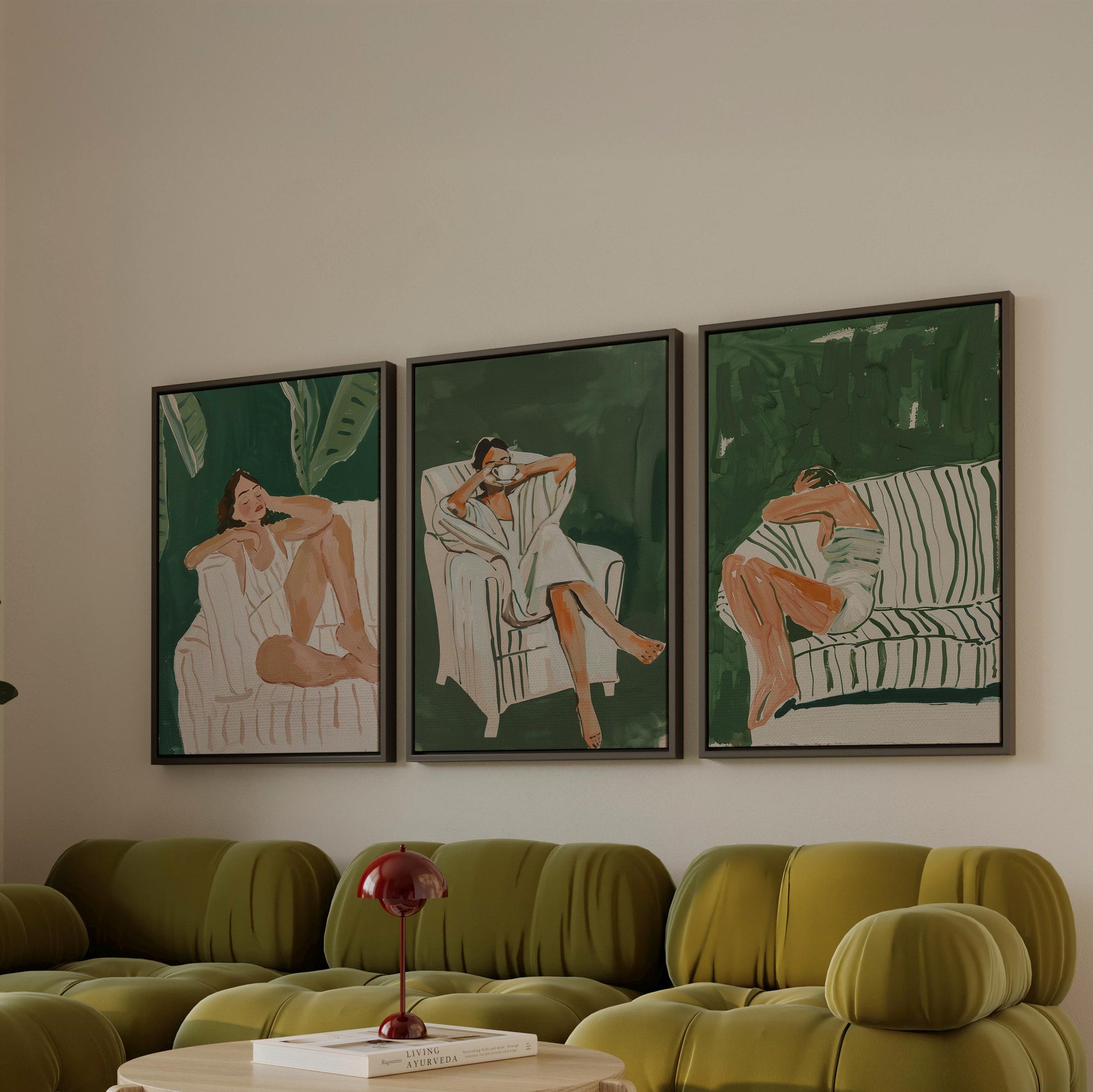 Green Lounge Canvas Wall Art Set of 3 Modern Figurative Prints Relaxed Woman Painting Minimalist Artwork for Living Room or Bedroom