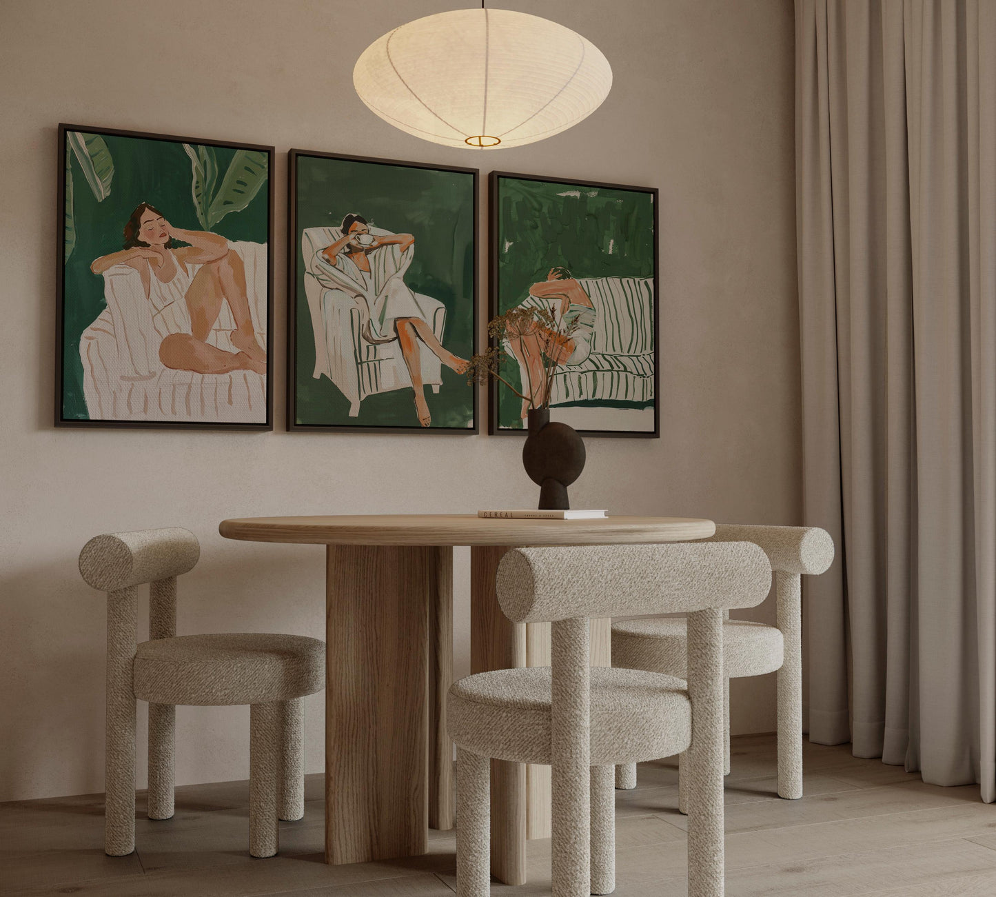 Green Lounge Canvas Wall Art Set of 3 Modern Figurative Prints Relaxed Woman Painting Minimalist Artwork for Living Room or Bedroom