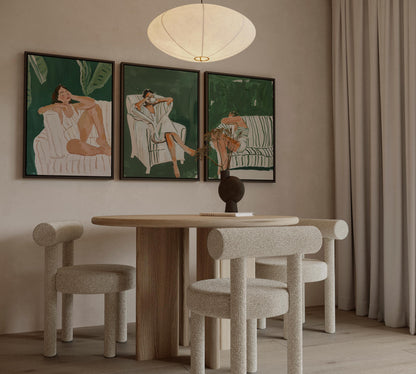 Green Lounge Canvas Wall Art Set of 3 Modern Figurative Prints Relaxed Woman Painting Minimalist Artwork for Living Room or Bedroom