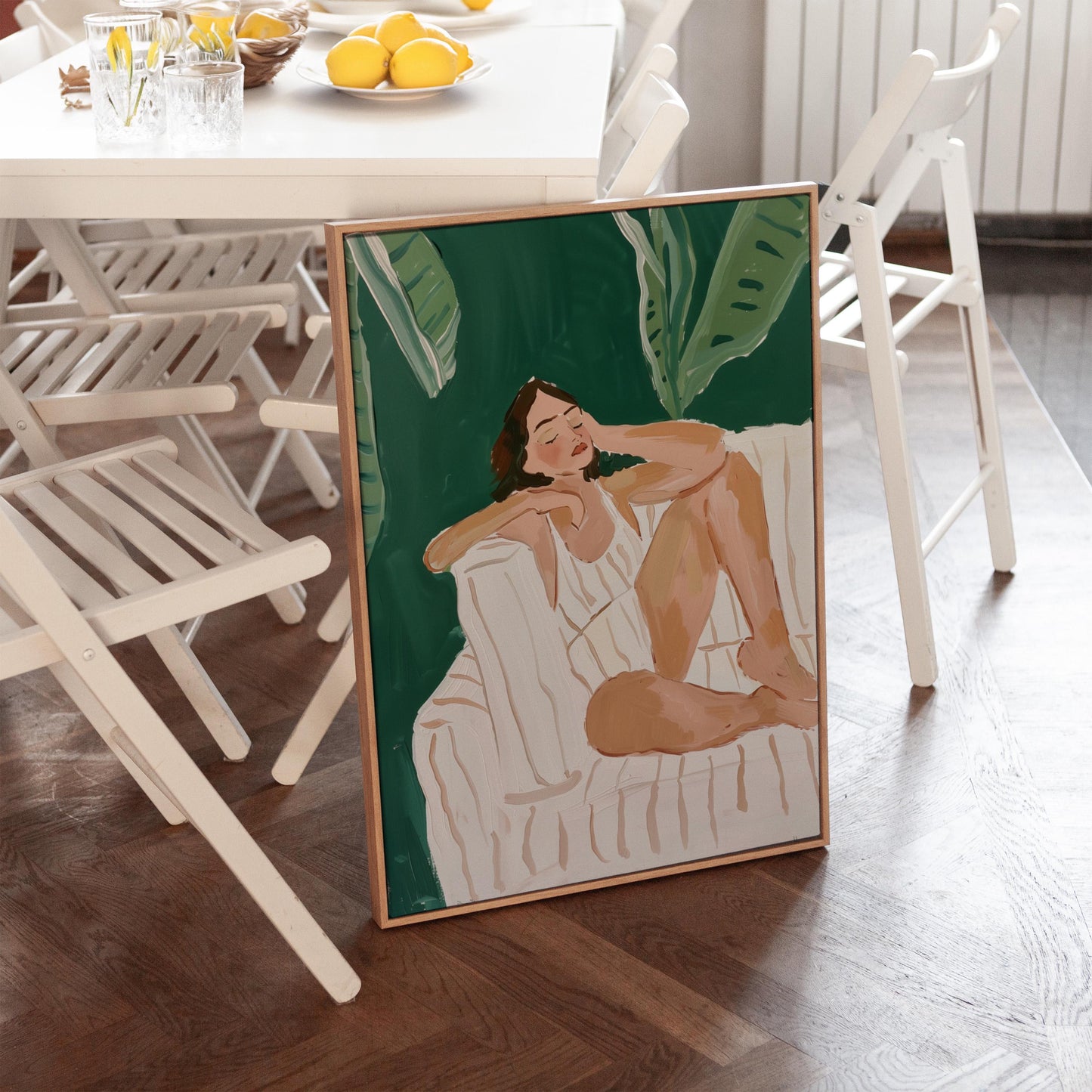 Green Lounge Canvas Wall Art Set of 3 Modern Figurative Prints Relaxed Woman Painting Minimalist Artwork for Living Room or Bedroom