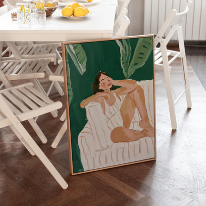 Green Lounge Canvas Wall Art Set of 3 Modern Figurative Prints Relaxed Woman Painting Minimalist Artwork for Living Room or Bedroom