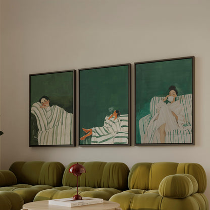 Green Lounge Canvas Wall Art Set of 3 Modern Figurative Prints Relax Woman Painting Minimalist Artwork for Living Room or Bedroom