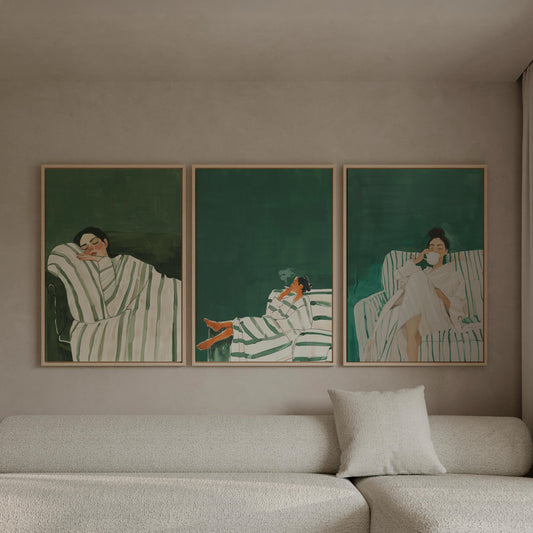 Green Lounge Canvas Wall Art Set of 3 Modern Figurative Prints Relax Woman Painting Minimalist Artwork for Living Room or Bedroom