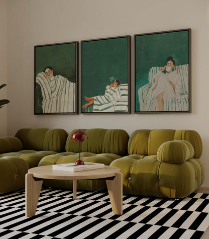 Green Lounge Canvas Wall Art Set of 3 Modern Figurative Prints Relax Woman Painting Minimalist Artwork for Living Room or Bedroom