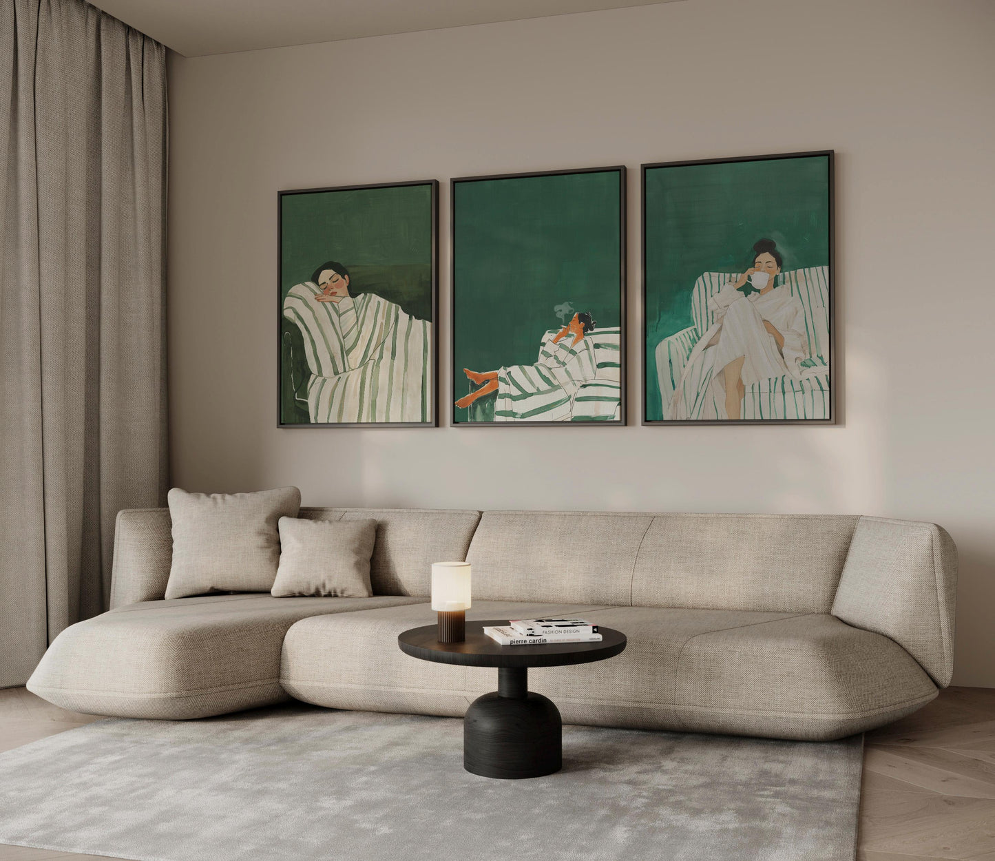 Green Lounge Canvas Wall Art Set of 3 Modern Figurative Prints Relax Woman Painting Minimalist Artwork for Living Room or Bedroom