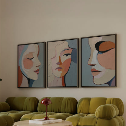 Abstract Portrait Canvas Set of 3 Modern Feminine Faces in Textured Oil Style Wall Art for Living Room or Bedroom Decor