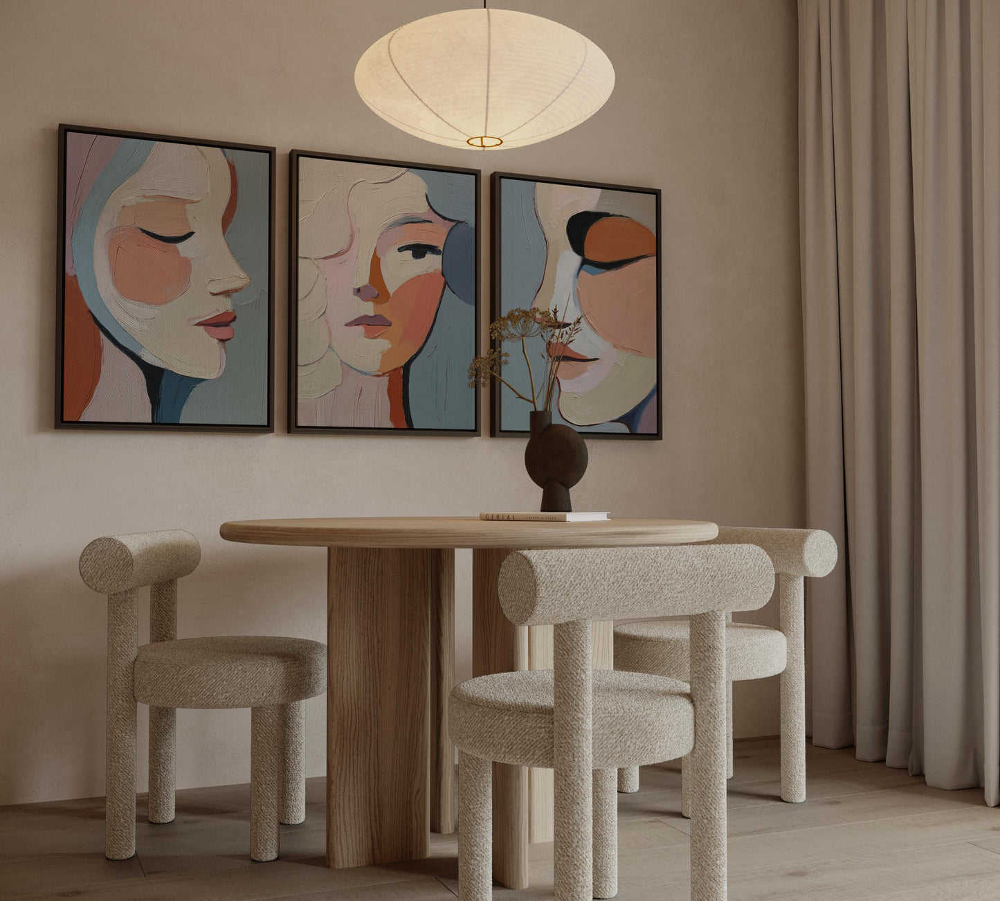 Abstract Portrait Canvas Set of 3 Modern Feminine Faces in Textured Oil Style Wall Art for Living Room or Bedroom Decor