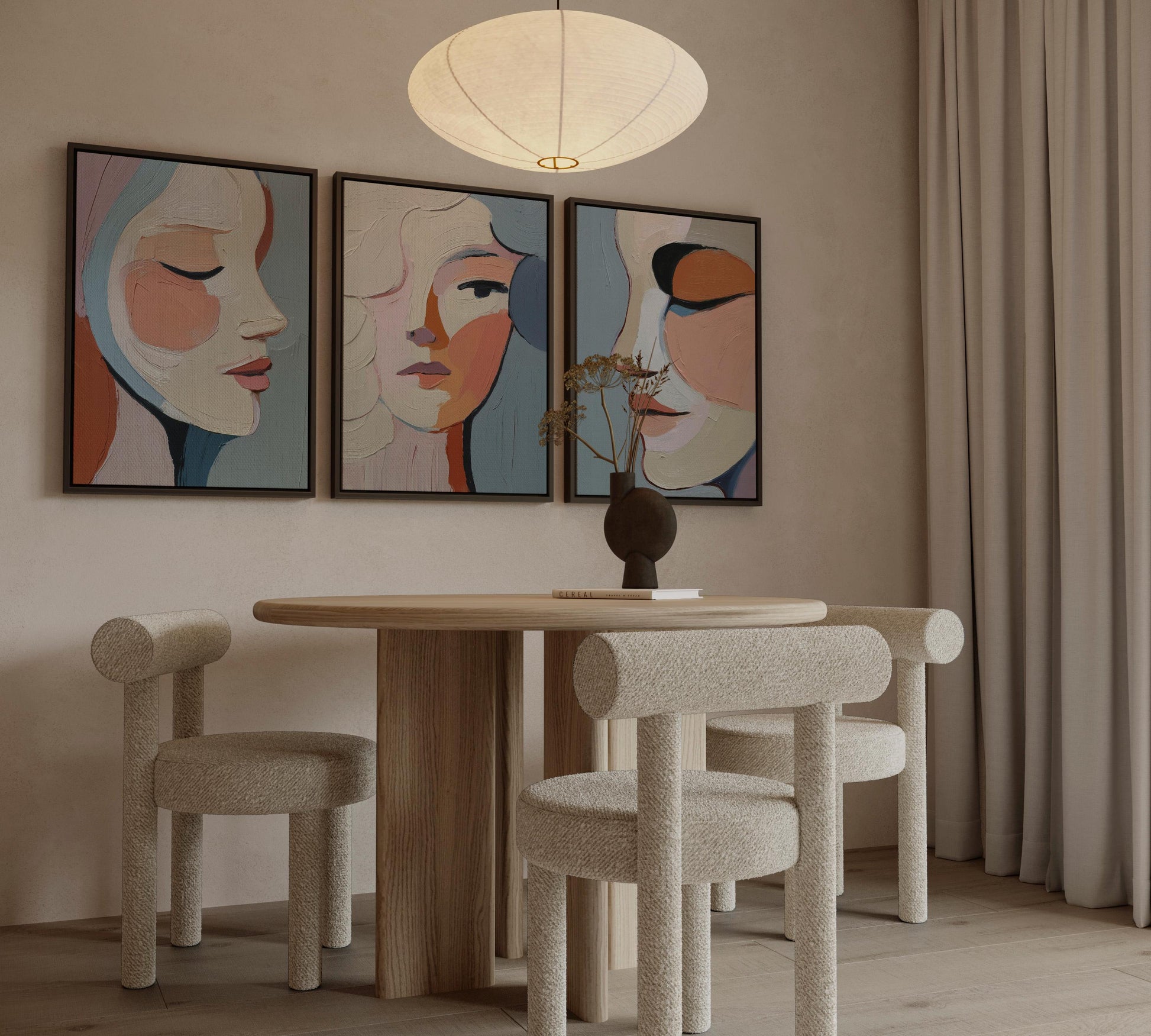 Abstract Portrait Canvas Set of 3 Modern Feminine Faces in Textured Oil Style Wall Art for Living Room or Bedroom Decor