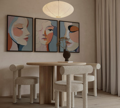 Abstract Portrait Canvas Set of 3 Modern Feminine Faces in Textured Oil Style Wall Art for Living Room or Bedroom Decor