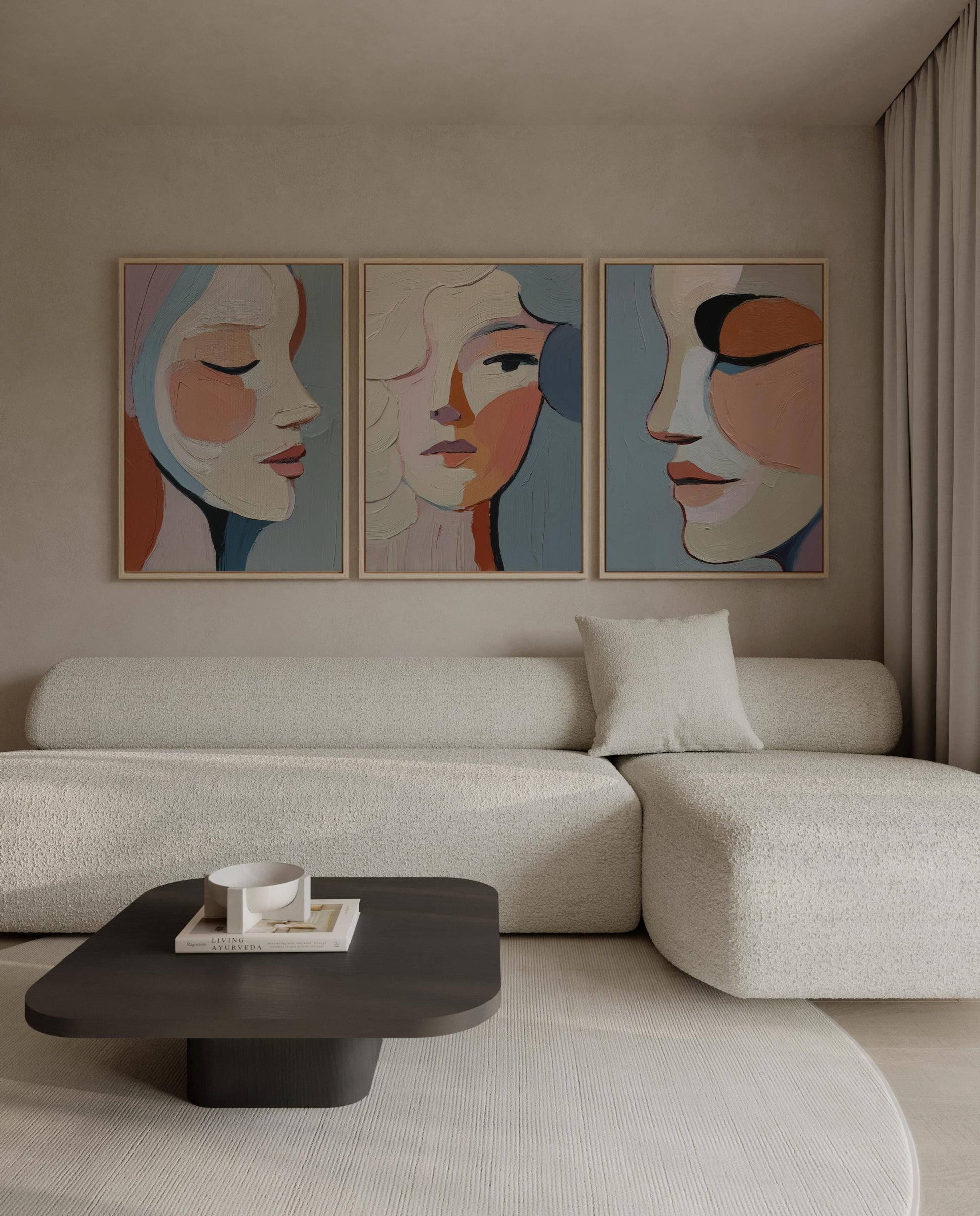 Abstract Portrait Canvas Set of 3 Modern Feminine Faces in Textured Oil Style Wall Art for Living Room or Bedroom Decor