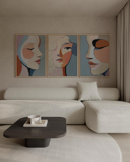 Abstract Portrait Canvas Set of 3 Modern Feminine Faces in Textured Oil Style Wall Art for Living Room or Bedroom Decor