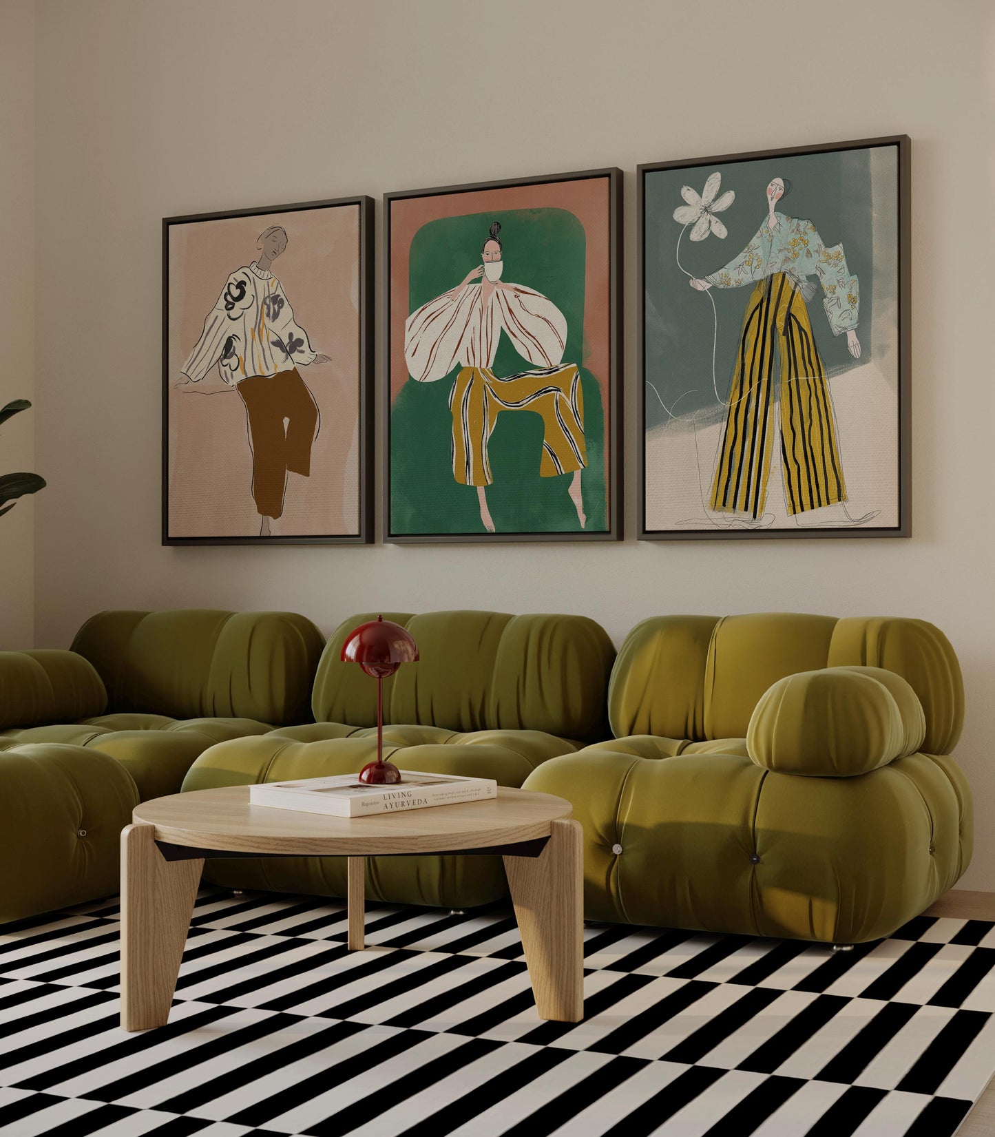 Fashion Illustration Canvas Set of 3 Modern Figurative Wall Art in Green and Ochre for Living Room or Office