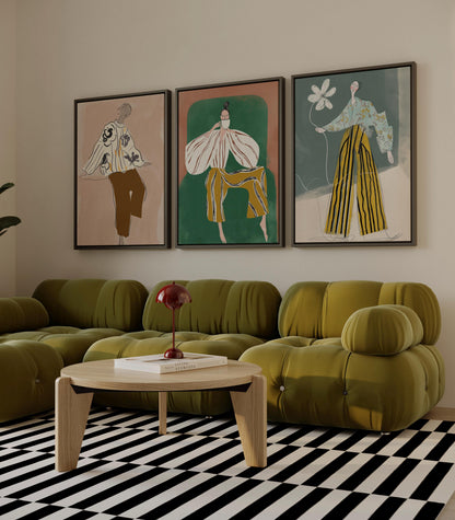 Fashion Illustration Canvas Set of 3 Modern Figurative Wall Art in Green and Ochre for Living Room or Office
