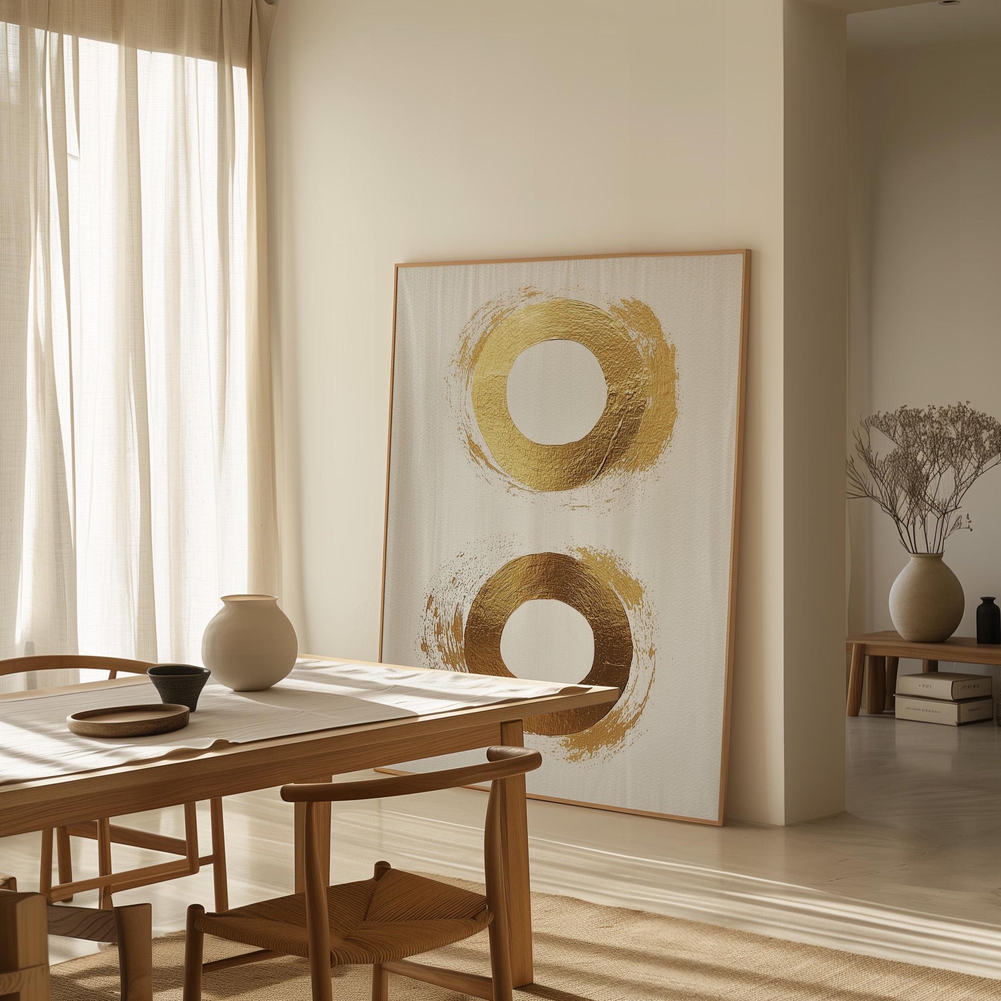 Golden Circle Abstract Canvas Art in Neutral Beige and White, Minimal Modern Wall Art for Dining Room or Office