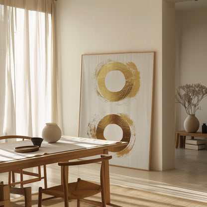 Golden Circle Abstract Canvas Art in Neutral Beige and White, Minimal Modern Wall Art for Dining Room or Office