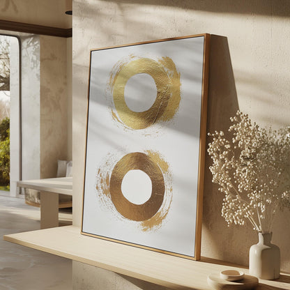 Golden Circle Abstract Canvas Art in Neutral Beige and White, Minimal Modern Wall Art for Dining Room or Office