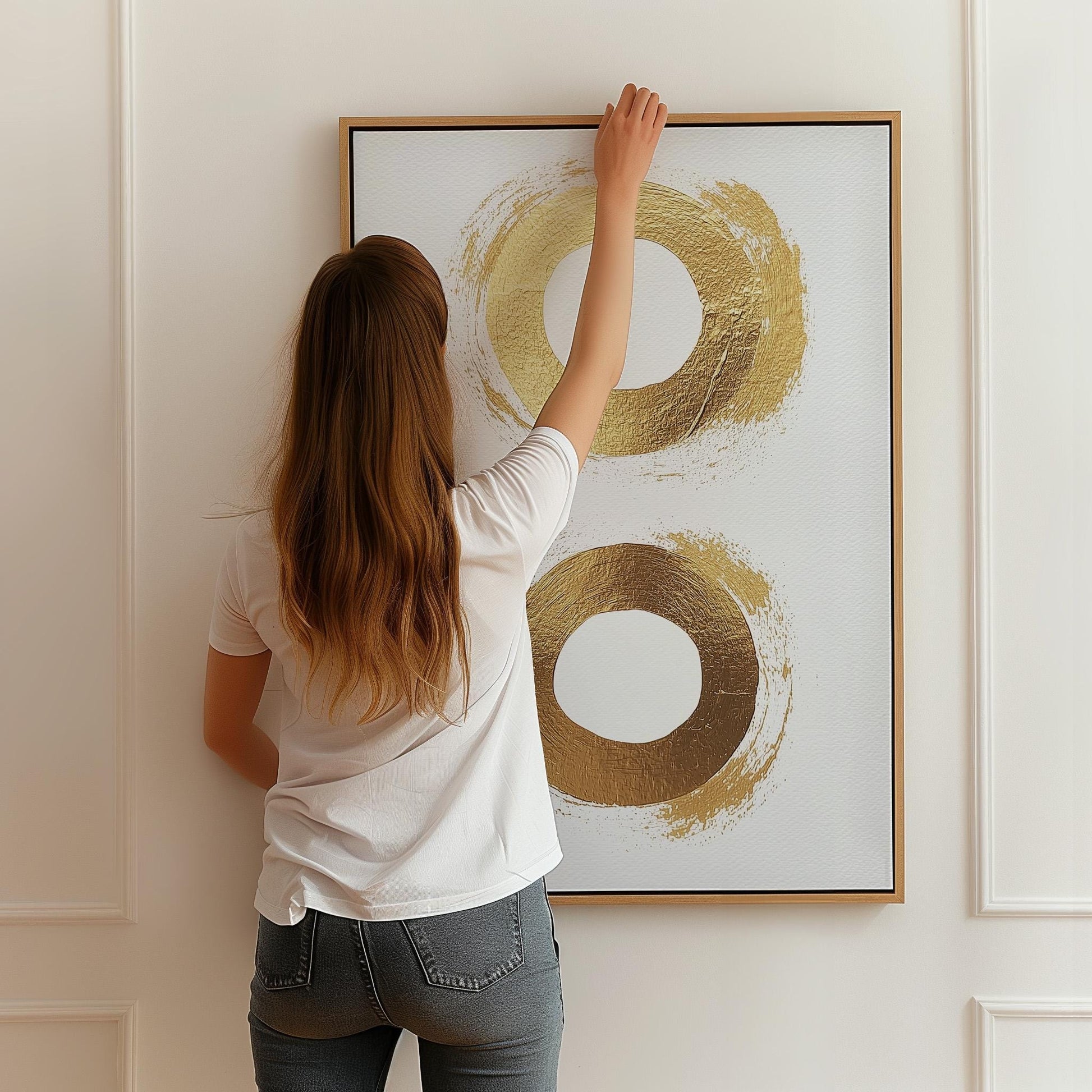 Golden Circle Abstract Canvas Art in Neutral Beige and White, Minimal Modern Wall Art for Dining Room or Office
