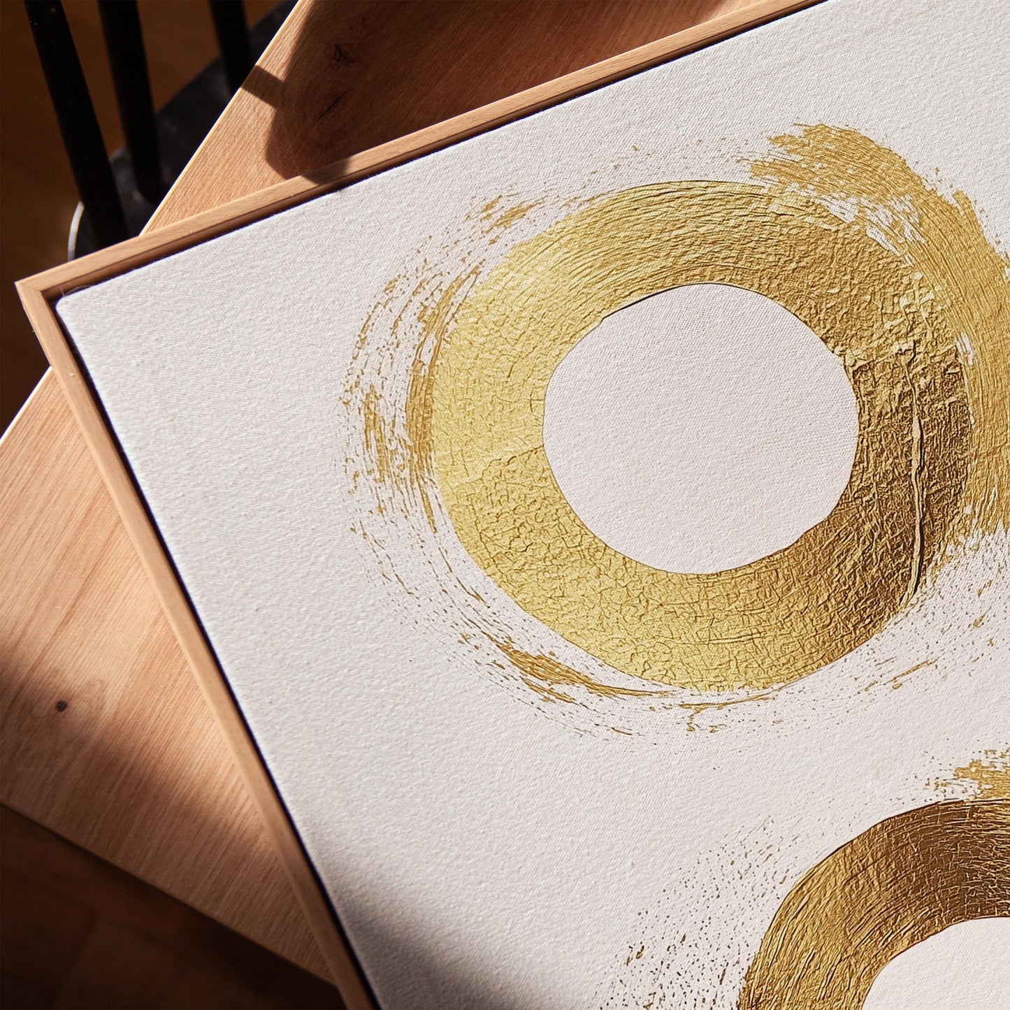 Golden Circle Abstract Canvas Art in Neutral Beige and White, Minimal Modern Wall Art for Dining Room or Office