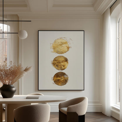 Gold Circles Abstract Canvas Art Minimal Modern Painting in White and Beige, Luxury Wall Decor for Office or Living Room