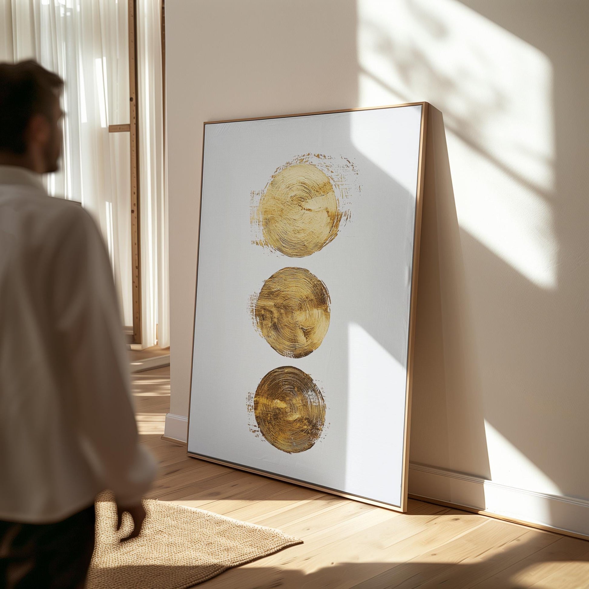 Gold Circles Abstract Canvas Art Minimal Modern Painting in White and Beige, Luxury Wall Decor for Office or Living Room