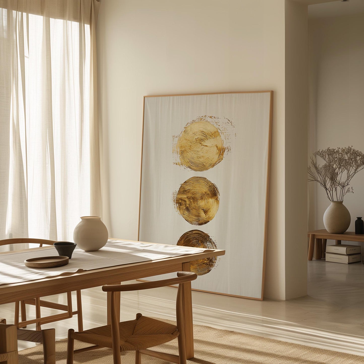 Gold Circles Abstract Canvas Art Minimal Modern Painting in White and Beige, Luxury Wall Decor for Office or Living Room