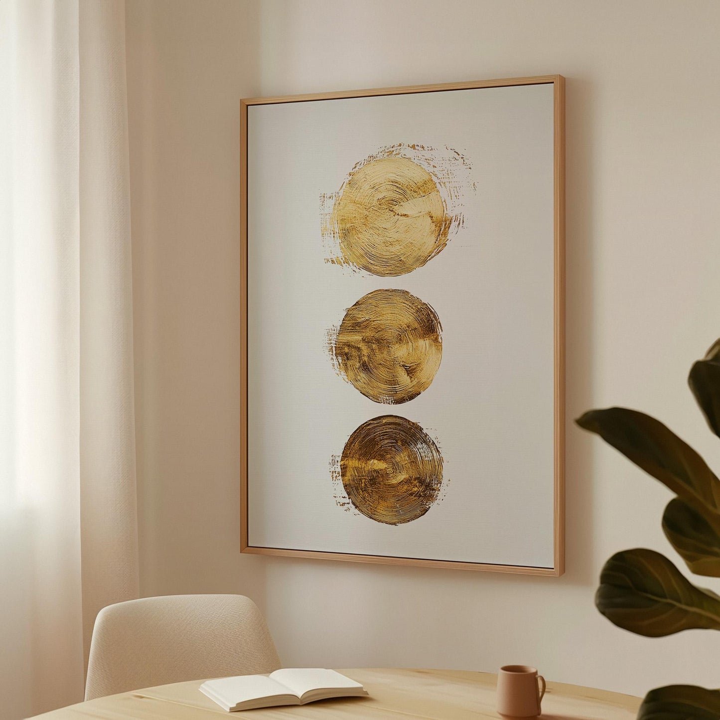 Gold Circles Abstract Canvas Art Minimal Modern Painting in White and Beige, Luxury Wall Decor for Office or Living Room