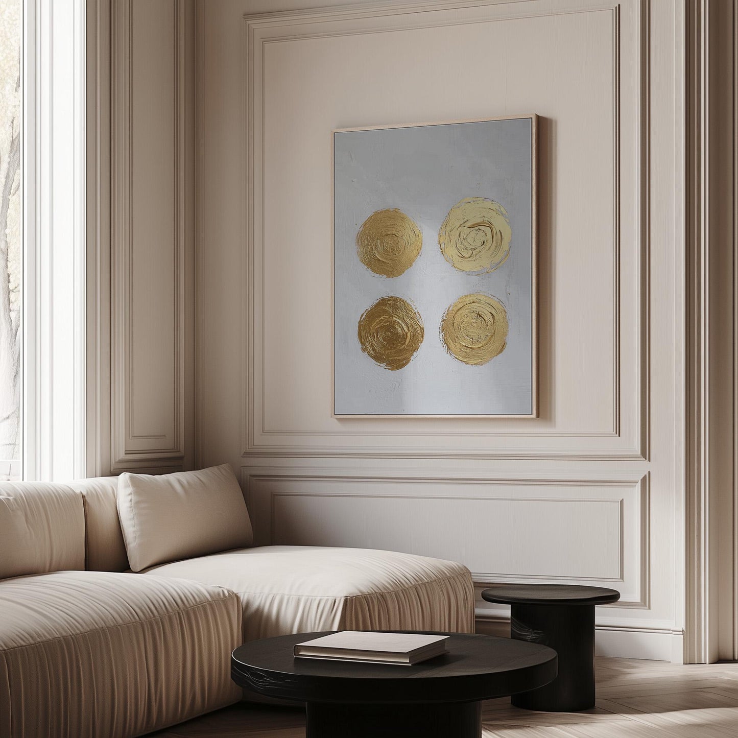 Gold Circle Textured Canvas Art Minimal Abstract Painting in White and Beige, Modern Luxury Wall Decor for Living Room or Office