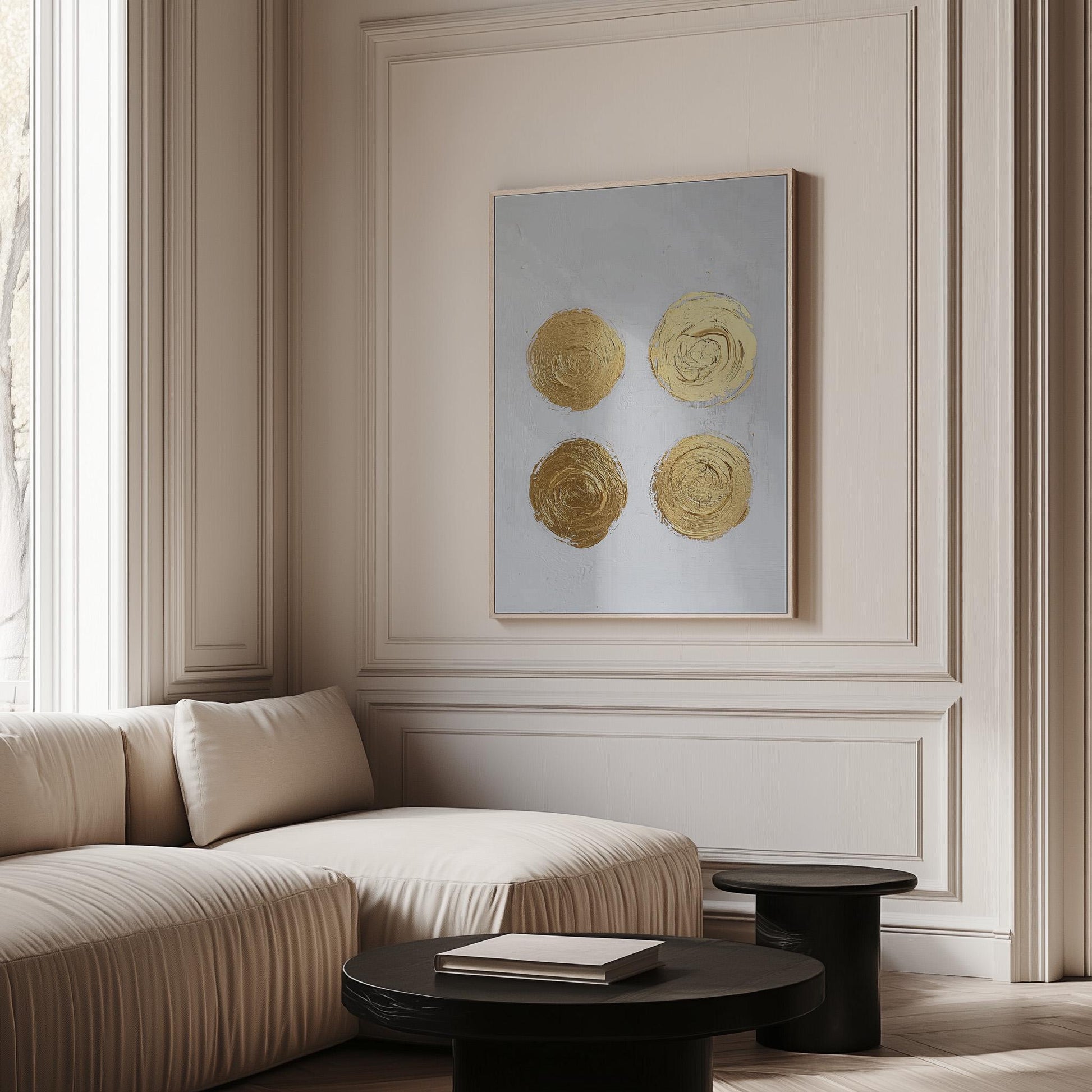 Gold Circle Textured Canvas Art Minimal Abstract Painting in White and Beige, Modern Luxury Wall Decor for Living Room or Office
