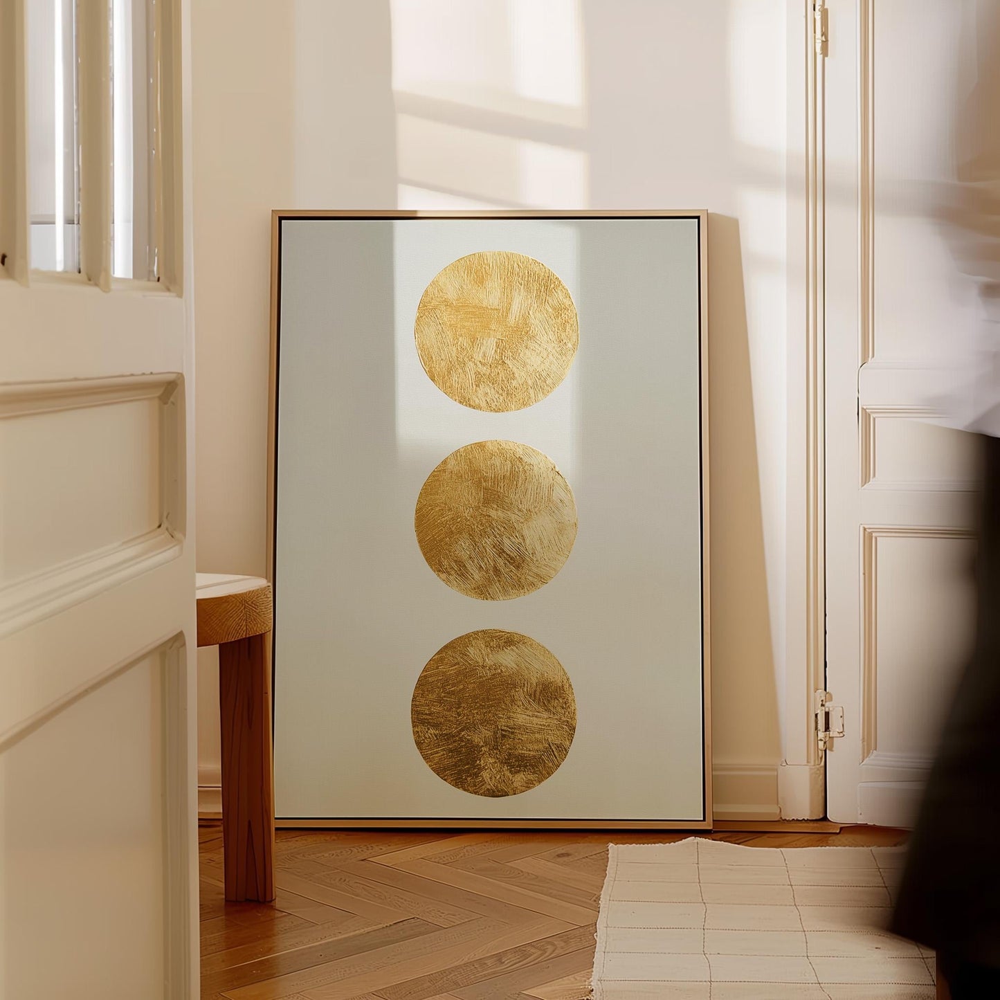 Gold Circle Minimalist Canvas Art Textured Abstract Painting in White and Beige, Modern Luxury Wall Decor for Living Room or Bedroom