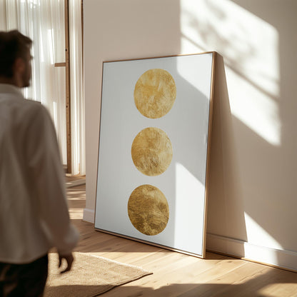 Gold Circle Minimalist Canvas Art Textured Abstract Painting in White and Beige, Modern Luxury Wall Decor for Living Room or Bedroom