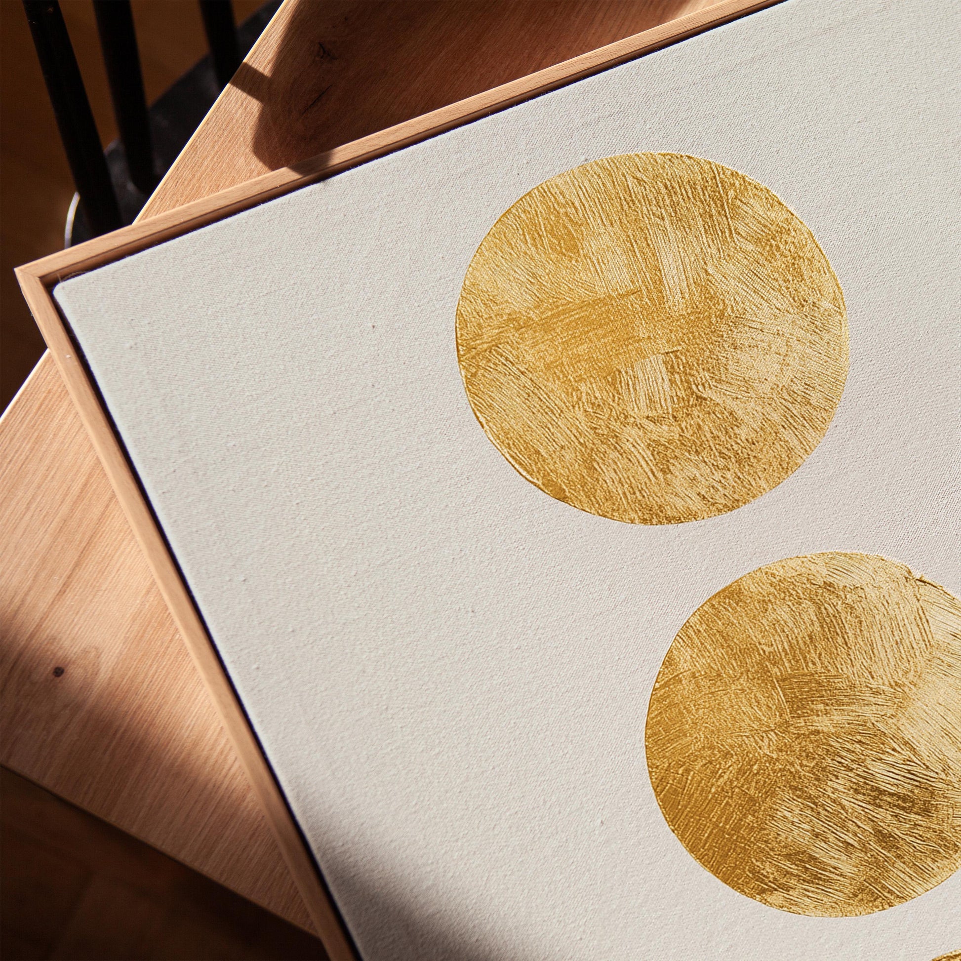 Gold Circle Minimalist Canvas Art Textured Abstract Painting in White and Beige, Modern Luxury Wall Decor for Living Room or Bedroom