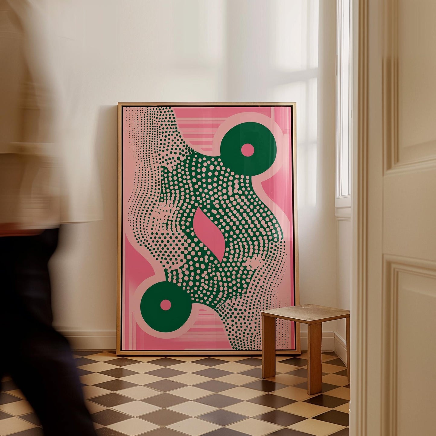 Pink and Green Geometric Abstract Canvas Art Modern Retro Wall Decor for Dining Room or Office, Mid Century Inspired Print