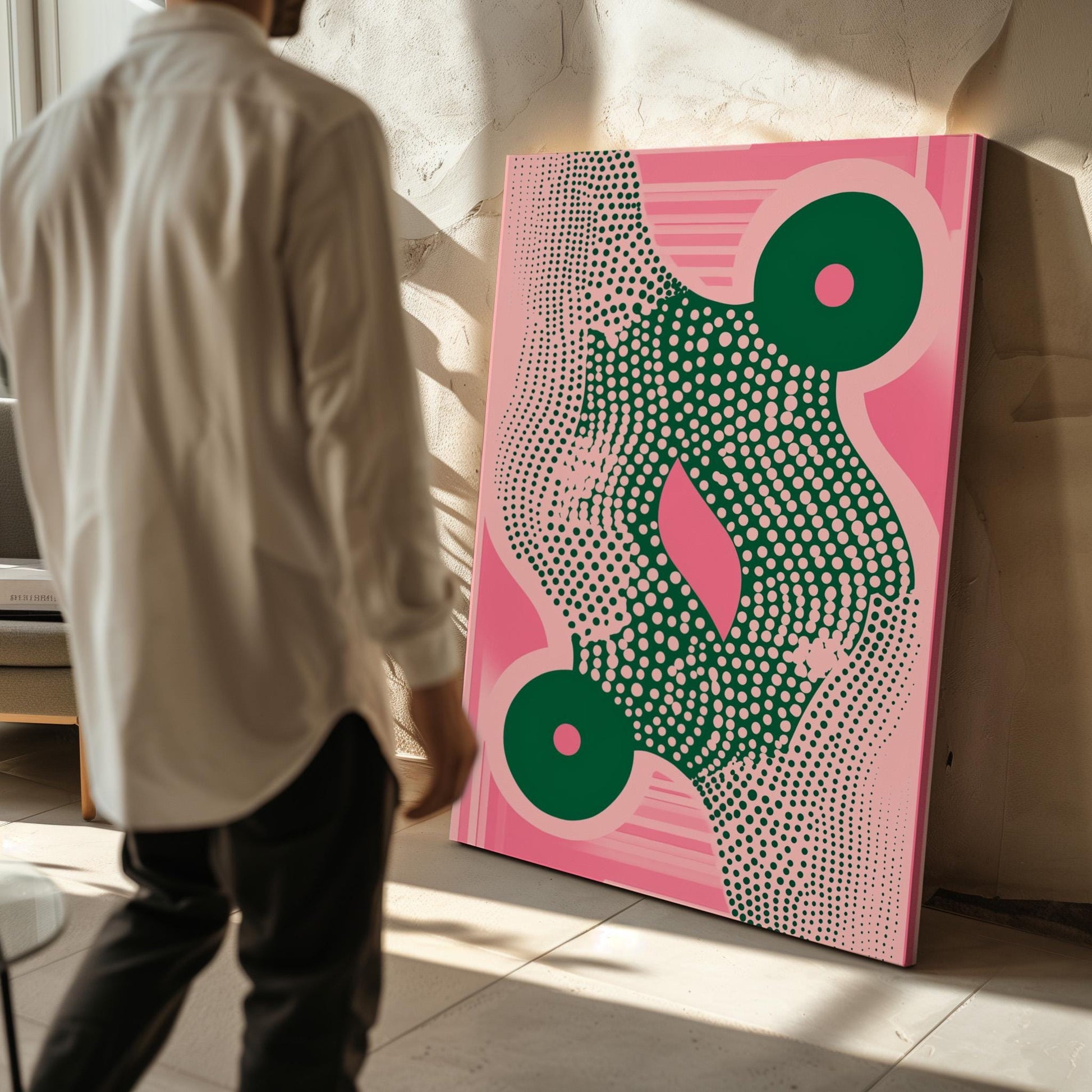 Pink and Green Geometric Abstract Canvas Art Modern Retro Wall Decor for Dining Room or Office, Mid Century Inspired Print