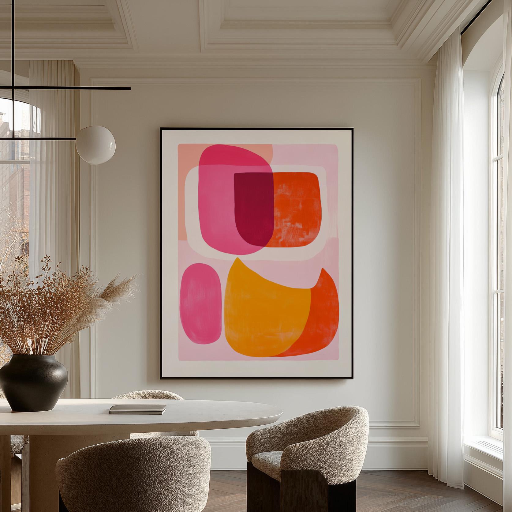 Pink Orange Abstract Canvas Art Mid Century Modern Wall Decor for Living Room or Dining Room, Colorful Retro Shapes Print