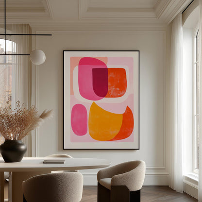 Pink Orange Abstract Canvas Art Mid Century Modern Wall Decor for Living Room or Dining Room, Colorful Retro Shapes Print