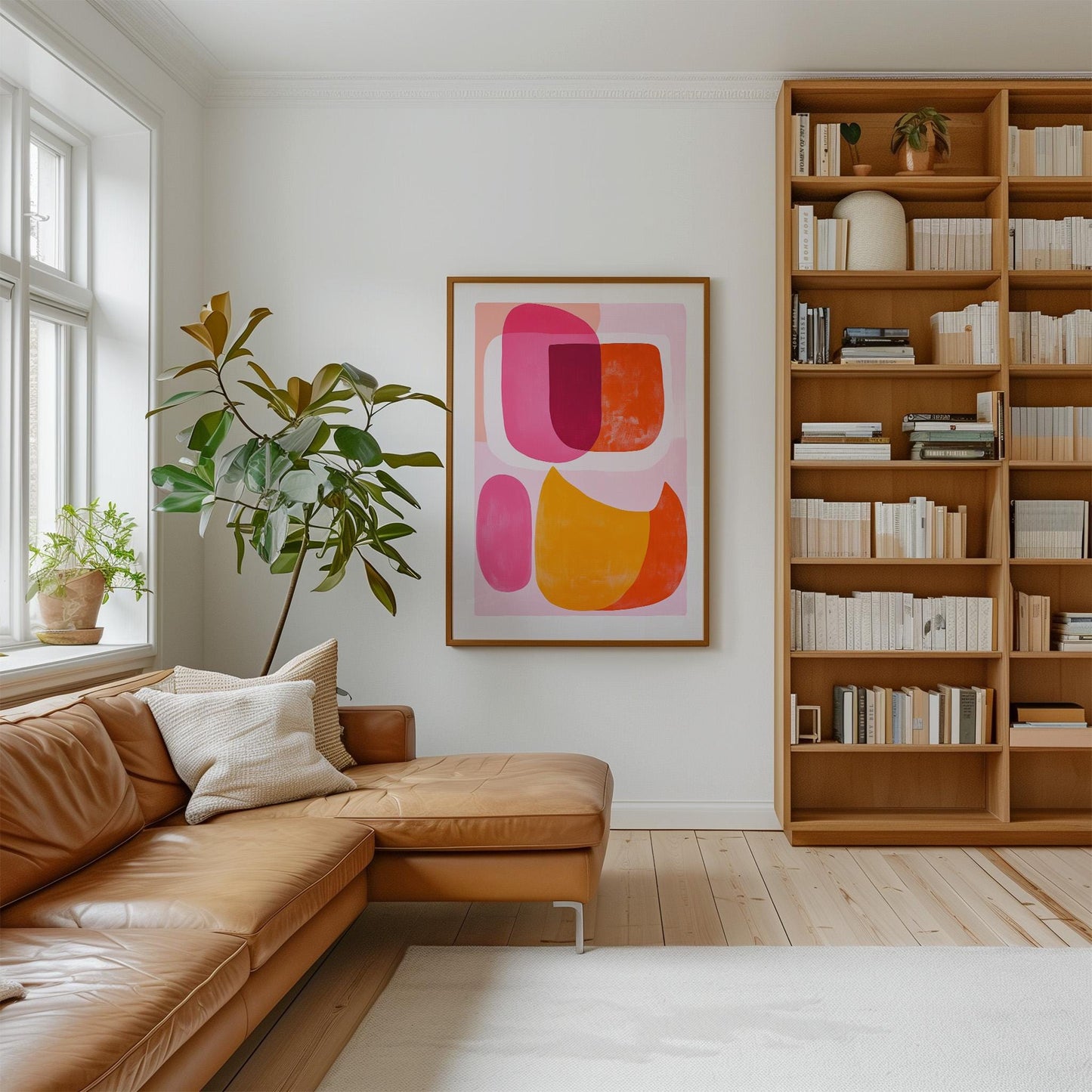 Pink Orange Abstract Canvas Art Mid Century Modern Wall Decor for Living Room or Dining Room, Colorful Retro Shapes Print