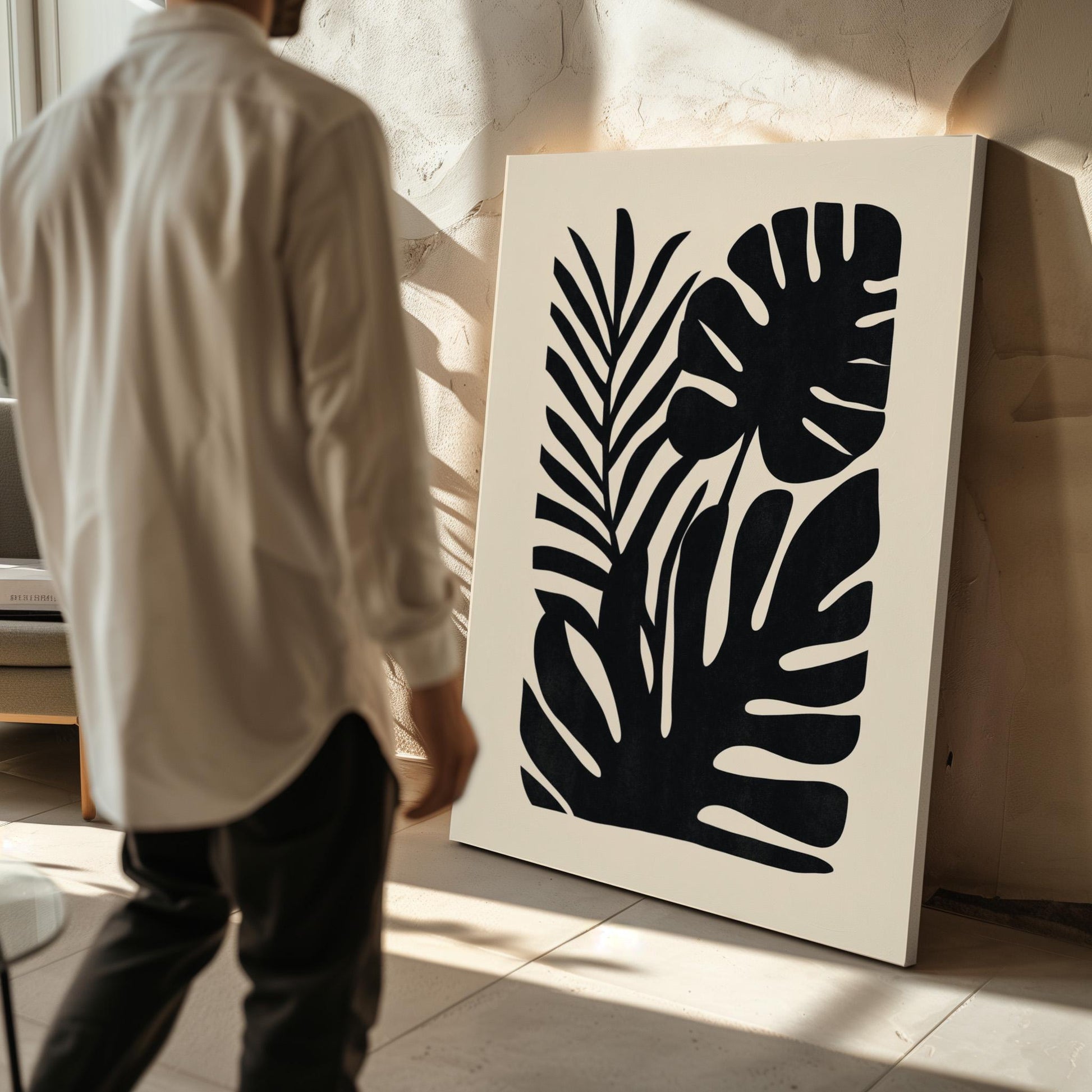 Black Botanical Canvas Art Modern Minimalist Plant Print for Living Room or Office, Monstera Leaf Abstract Wall Decor